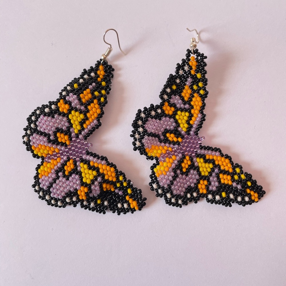 Butterfly Beaded Earrings - Purple and Orange - Picture 2 of 3